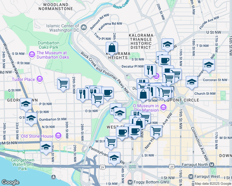 map of restaurants, bars, coffee shops, grocery stores, and more near 2500 Q Street Northwest in Washington