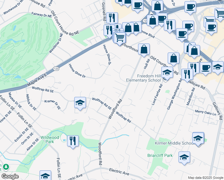 map of restaurants, bars, coffee shops, grocery stores, and more near 8415 Woodford Court in Vienna