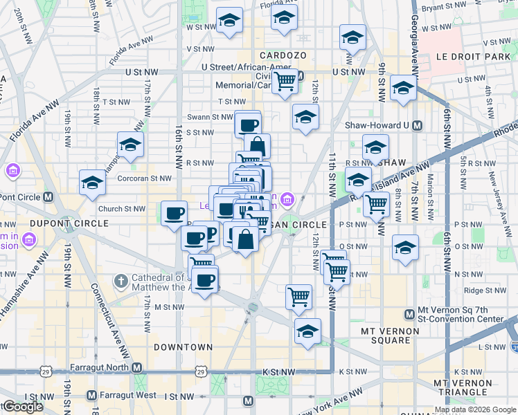 map of restaurants, bars, coffee shops, grocery stores, and more near 1525 14th Street Northwest in Washington