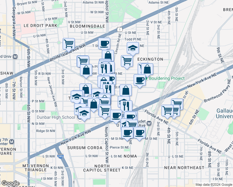 map of restaurants, bars, coffee shops, grocery stores, and more near 38 Florida Avenue Northeast in Washington