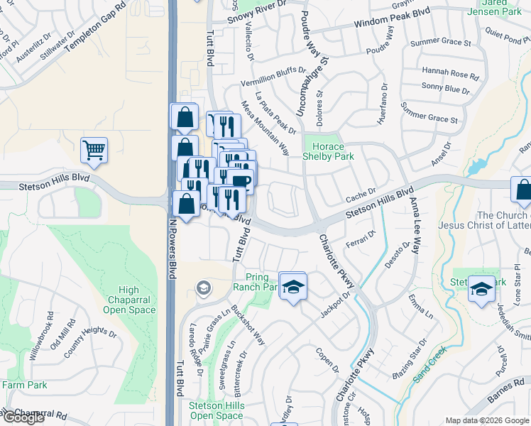 map of restaurants, bars, coffee shops, grocery stores, and more near 6075 Prairie Hills View in Colorado Springs