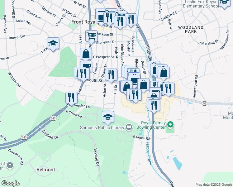 map of restaurants, bars, coffee shops, grocery stores, and more near 434 Hill Street in Front Royal