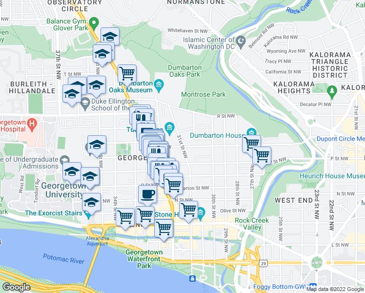 map of restaurants, bars, coffee shops, grocery stores, and more near Q Street Northwest & 31st Street Northwest in Washington