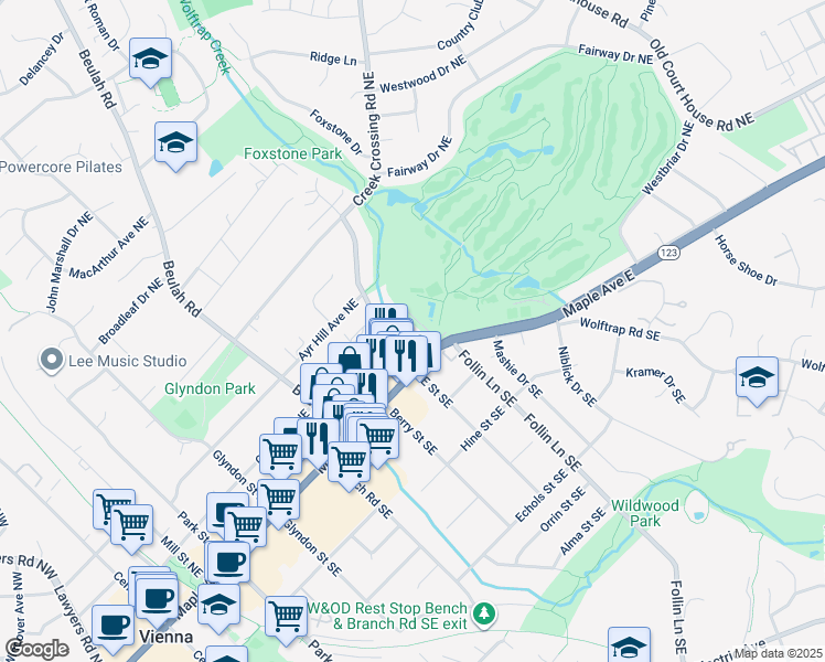 map of restaurants, bars, coffee shops, grocery stores, and more near 143 East Street Northeast in Vienna