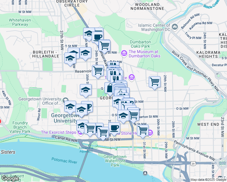 map of restaurants, bars, coffee shops, grocery stores, and more near 3240 Q Street Northwest in Washington