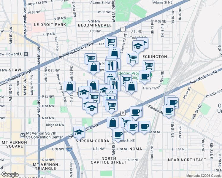 map of restaurants, bars, coffee shops, grocery stores, and more near 101 Independence Avenue Southeast in Washington
