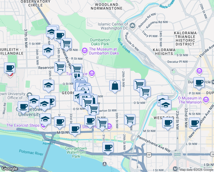 map of restaurants, bars, coffee shops, grocery stores, and more near 3039 Q Street Northwest in Washington