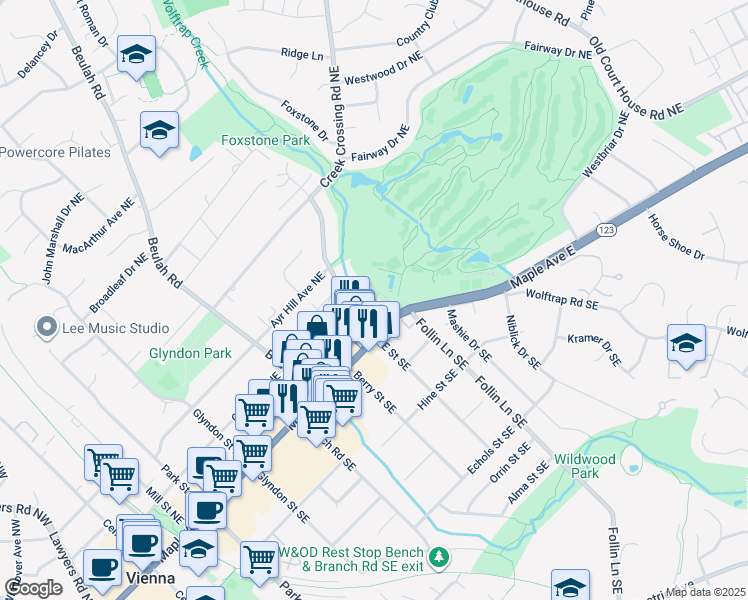 map of restaurants, bars, coffee shops, grocery stores, and more near 143 East Street Northeast in Vienna