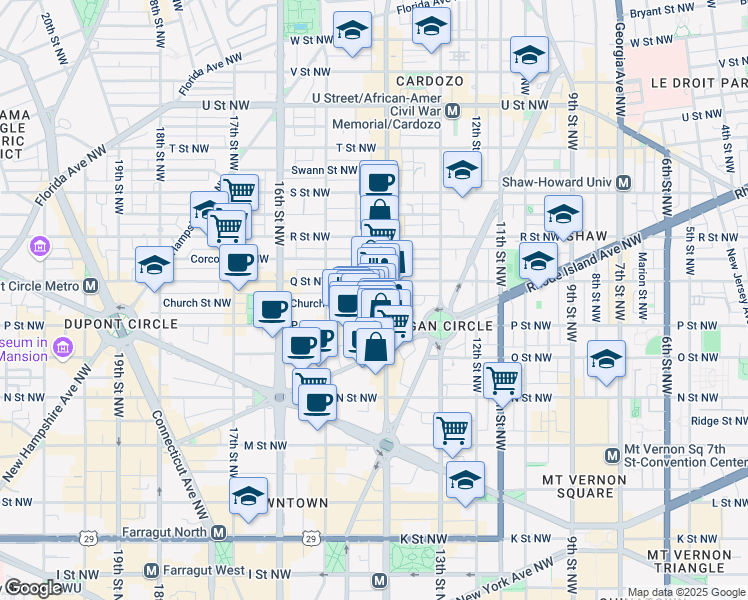 map of restaurants, bars, coffee shops, grocery stores, and more near 1401 Church Street Northwest in Washington