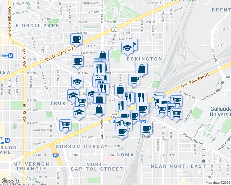map of restaurants, bars, coffee shops, grocery stores, and more near 101 Independence Avenue Southeast in Washington
