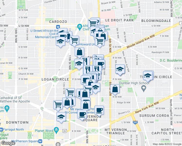 map of restaurants, bars, coffee shops, grocery stores, and more near 101 Independence Avenue Southeast in Washington