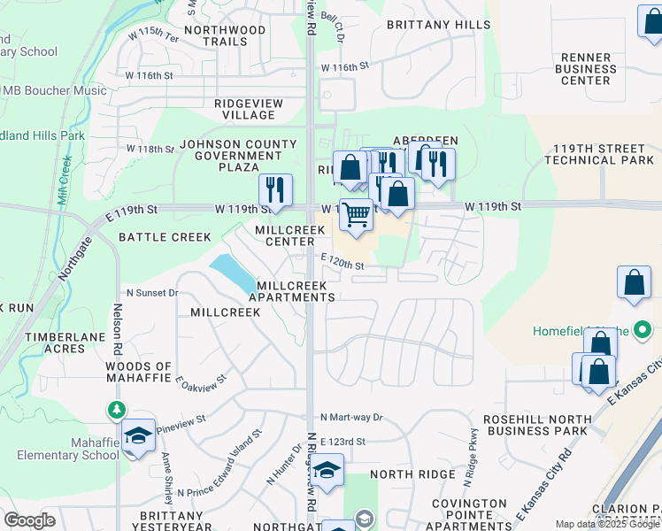 map of restaurants, bars, coffee shops, grocery stores, and more near 1341 East 120th Street in Olathe