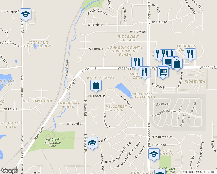 map of restaurants, bars, coffee shops, grocery stores, and more near 1684 North Hunter Drive in Olathe