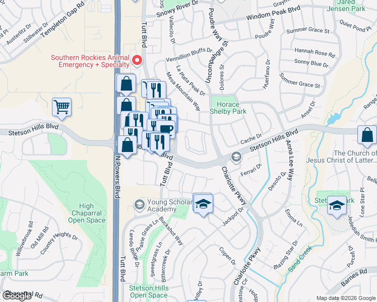 map of restaurants, bars, coffee shops, grocery stores, and more near 6105 Prairie Hills View in Colorado Springs