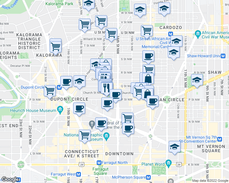 map of restaurants, bars, coffee shops, grocery stores, and more near 101 Independence Avenue Southeast in Washington
