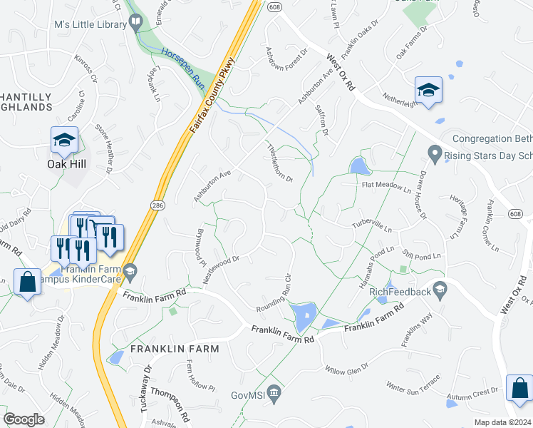 map of restaurants, bars, coffee shops, grocery stores, and more near 3127 Nestlewood Drive in Herndon