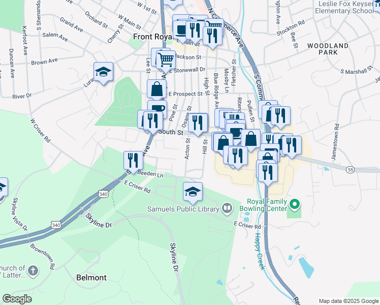 map of restaurants, bars, coffee shops, grocery stores, and more near 453 Acton Street in Front Royal