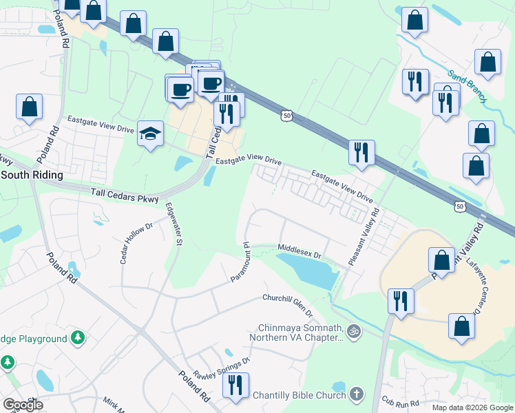 map of restaurants, bars, coffee shops, grocery stores, and more near 25495 Feltre Terrace in Chantilly