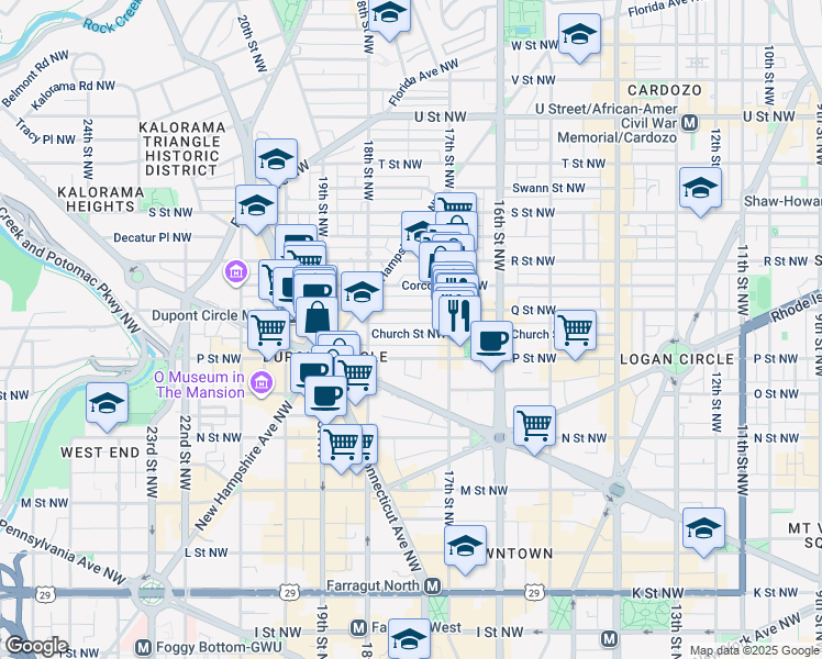 map of restaurants, bars, coffee shops, grocery stores, and more near 1747 Church Street Northwest in Washington