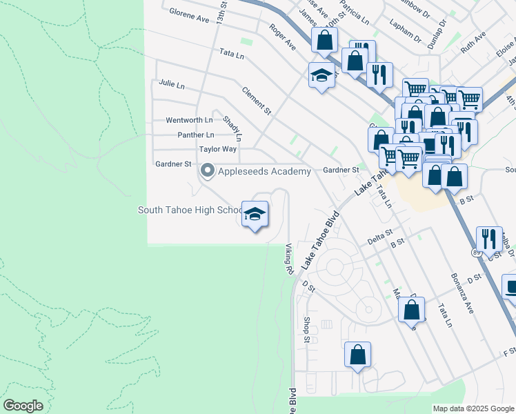map of restaurants, bars, coffee shops, grocery stores, and more near 1735 Lake Tahoe Boulevard in South Lake Tahoe