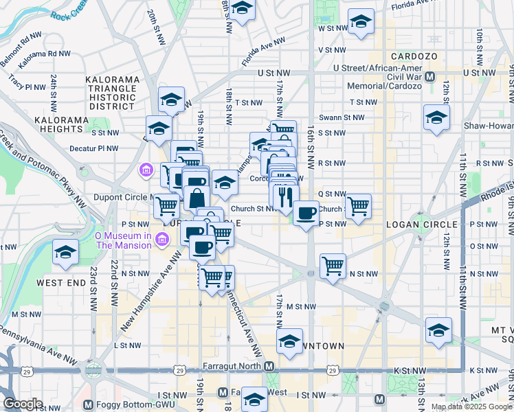 map of restaurants, bars, coffee shops, grocery stores, and more near 1747 Church Street Northwest in Washington