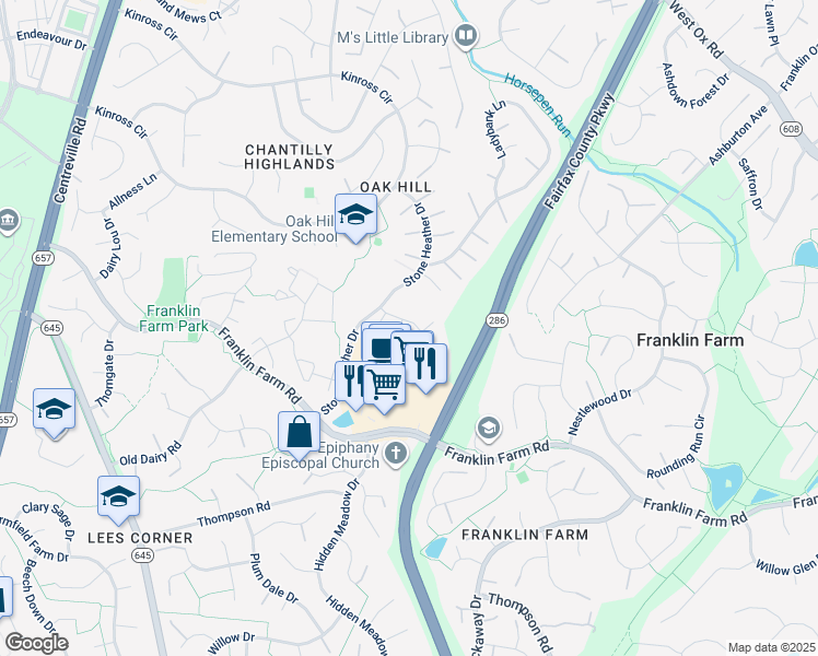map of restaurants, bars, coffee shops, grocery stores, and more near 3350 Stone Heather Court in Herndon