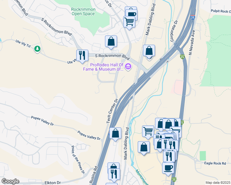 map of restaurants, bars, coffee shops, grocery stores, and more near Tech Center Drive in Colorado Springs