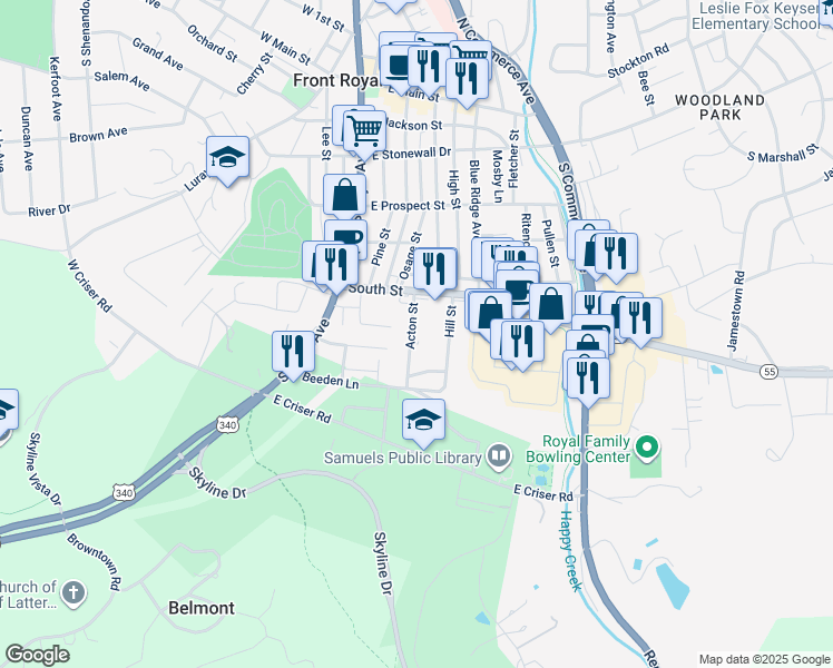 map of restaurants, bars, coffee shops, grocery stores, and more near 436 Acton Street in Front Royal