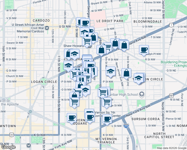 map of restaurants, bars, coffee shops, grocery stores, and more near 101 Independence Avenue Southeast in Washington