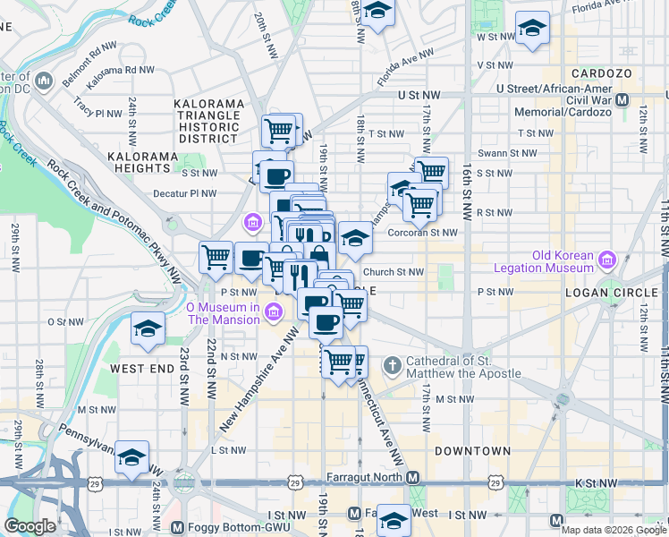 map of restaurants, bars, coffee shops, grocery stores, and more near 1500 New Hampshire Avenue Northwest in Washington