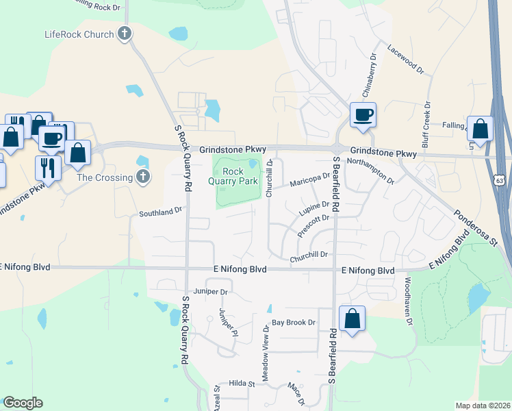 map of restaurants, bars, coffee shops, grocery stores, and more near 3604 Churchill Drive in Columbia