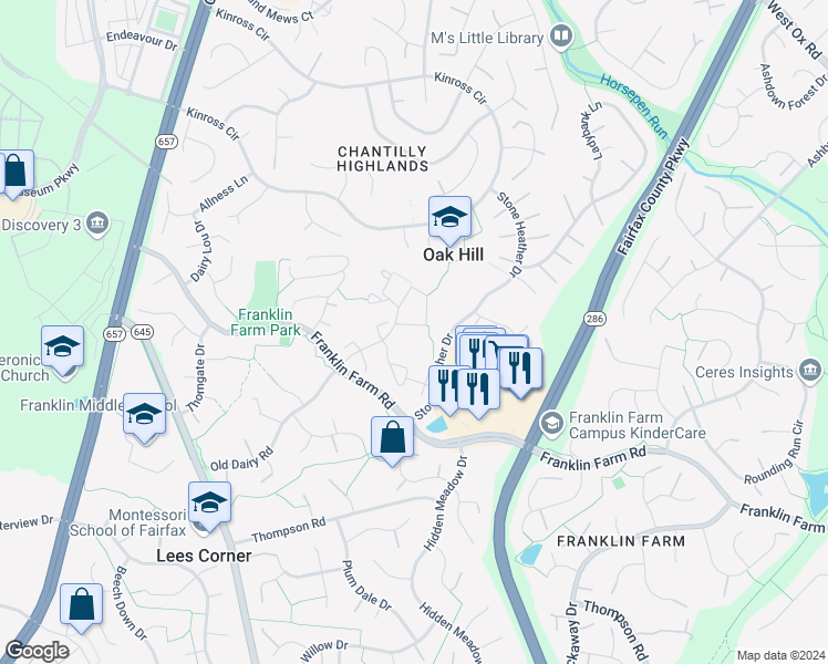 map of restaurants, bars, coffee shops, grocery stores, and more near 3282 Tayloe Court in Herndon