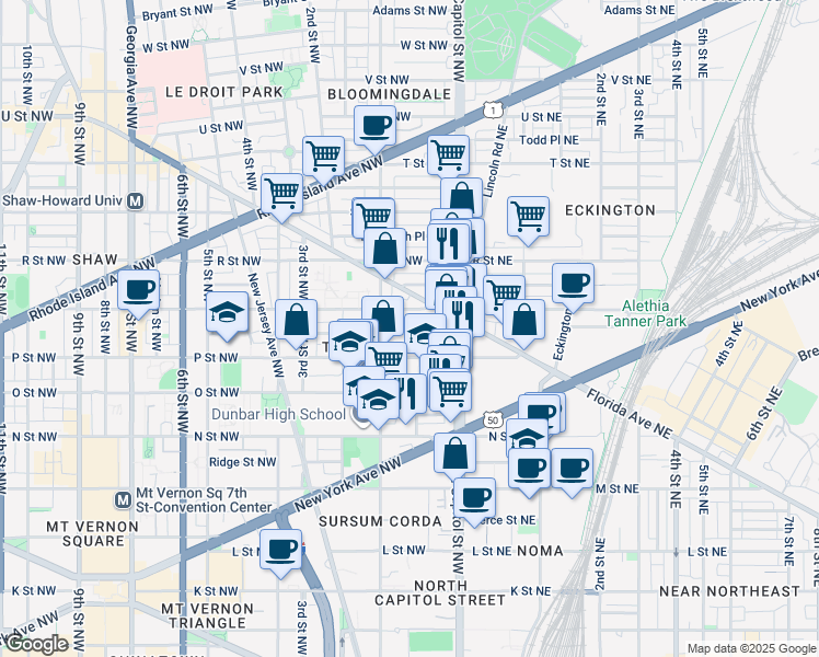 map of restaurants, bars, coffee shops, grocery stores, and more near 57 Bates Street Northwest in Washington