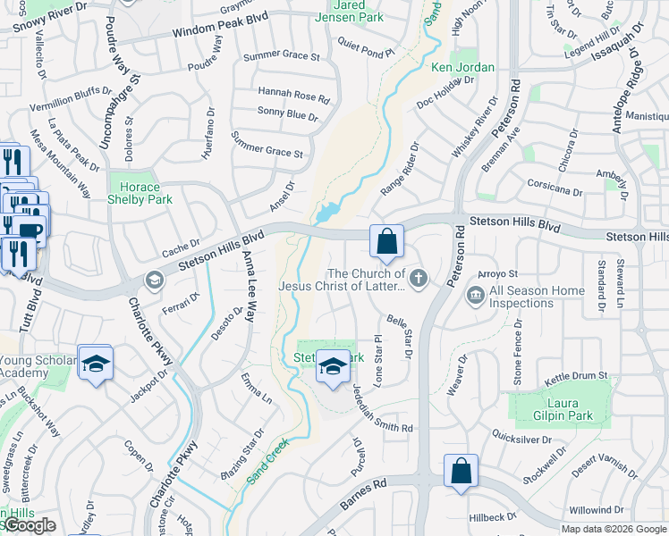 map of restaurants, bars, coffee shops, grocery stores, and more near 5415 War Paint Place in Colorado Springs
