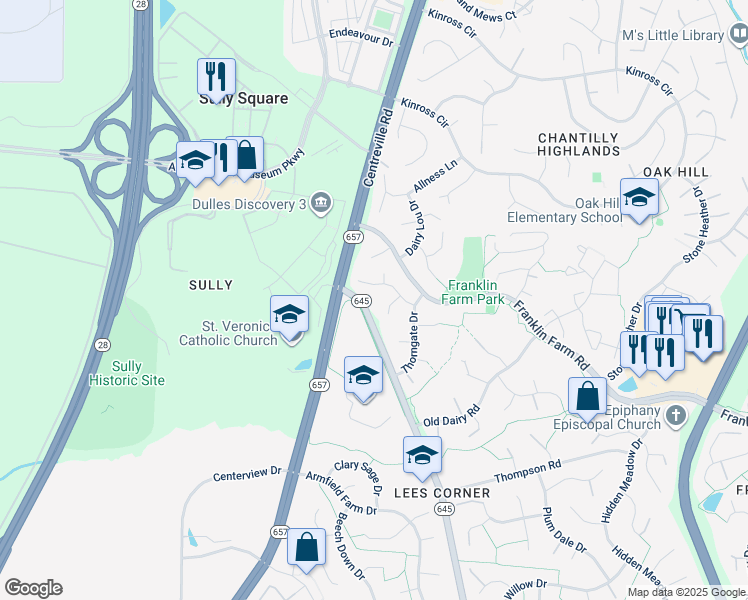 map of restaurants, bars, coffee shops, grocery stores, and more near 13615 Flintwood Place in Herndon