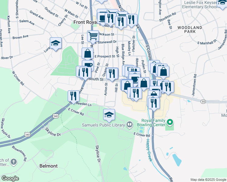 map of restaurants, bars, coffee shops, grocery stores, and more near 435 Hill Street in Front Royal
