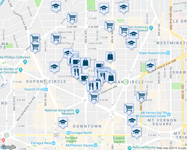 map of restaurants, bars, coffee shops, grocery stores, and more near 1513 Church Street Northwest in Washington