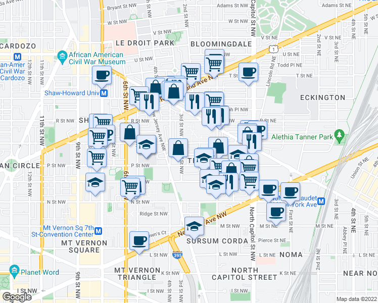 map of restaurants, bars, coffee shops, grocery stores, and more near 229 Bates Street Northwest in Washington