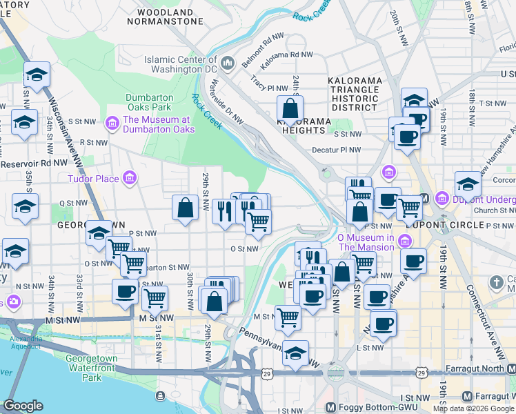 map of restaurants, bars, coffee shops, grocery stores, and more near Q St NW & 27th St NW in Washington