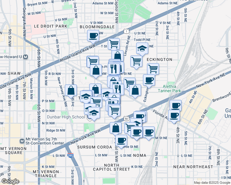 map of restaurants, bars, coffee shops, grocery stores, and more near 45 P Street Northwest in Washington