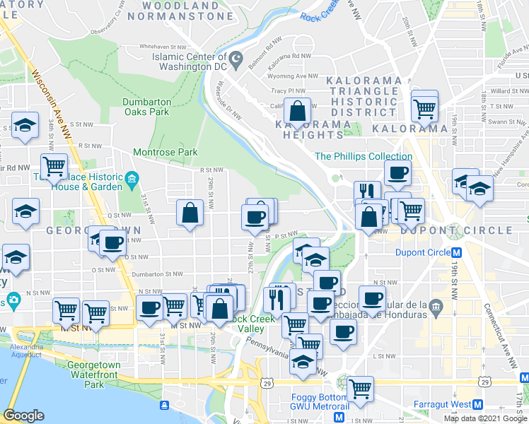 map of restaurants, bars, coffee shops, grocery stores, and more near Q St NW & 26th St NW in Washington