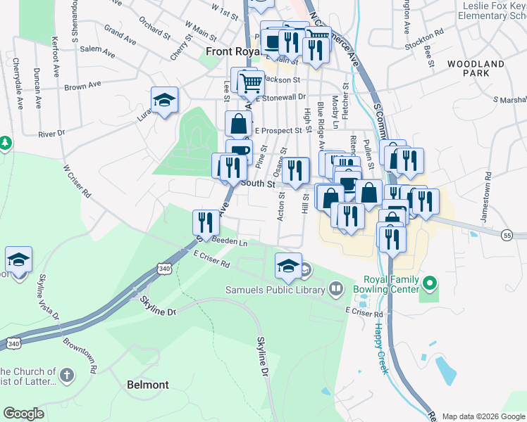 map of restaurants, bars, coffee shops, grocery stores, and more near 453 Acton Street in Front Royal