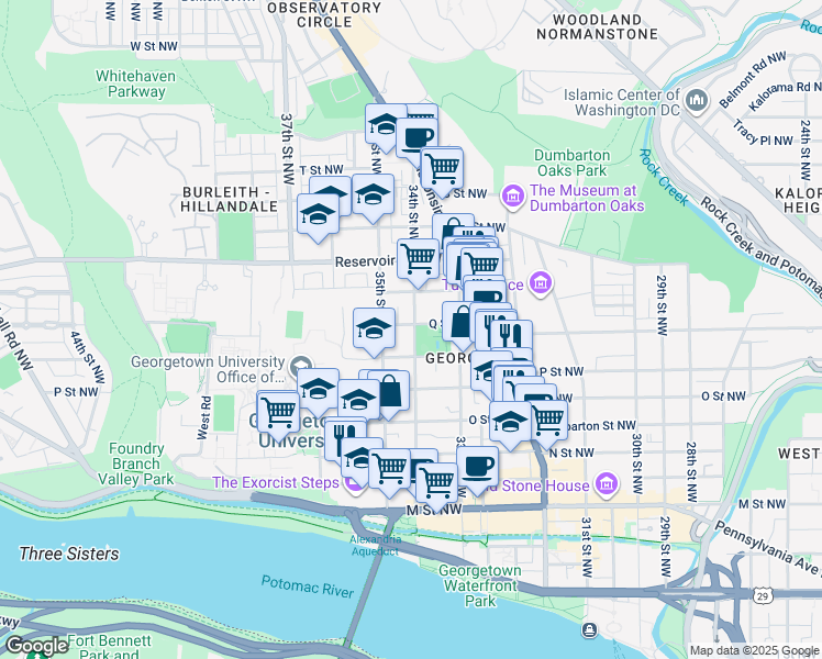 map of restaurants, bars, coffee shops, grocery stores, and more near 1570 34th Street Northwest in Washington