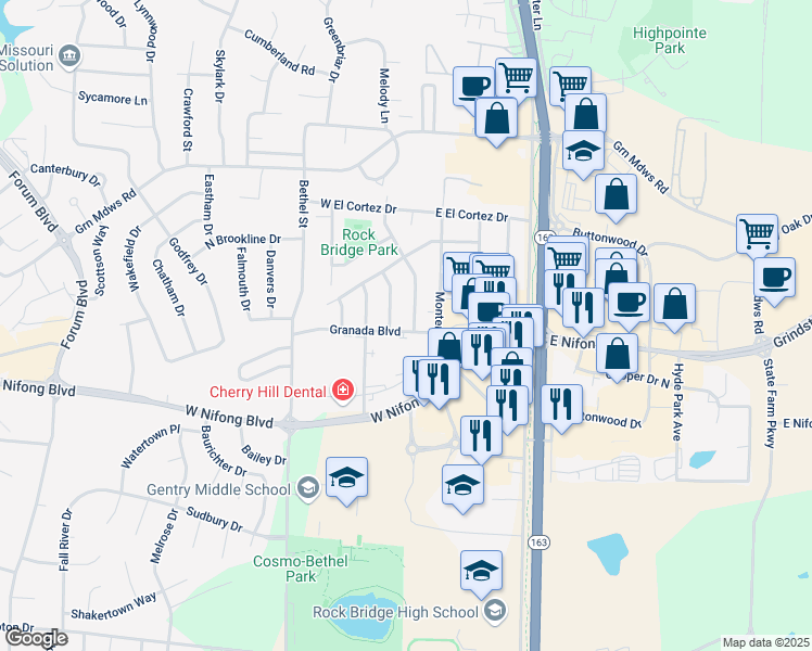 map of restaurants, bars, coffee shops, grocery stores, and more near 10 Granada Boulevard in Columbia