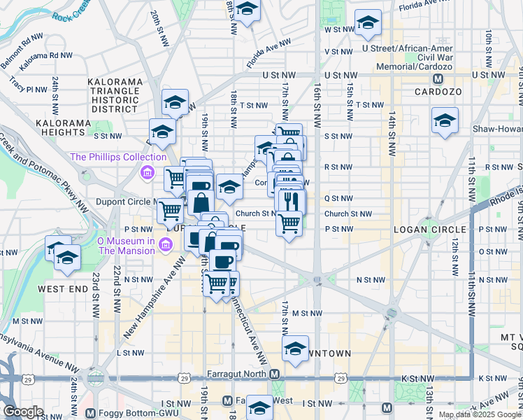 map of restaurants, bars, coffee shops, grocery stores, and more near 1747 Church Street Northwest in Washington