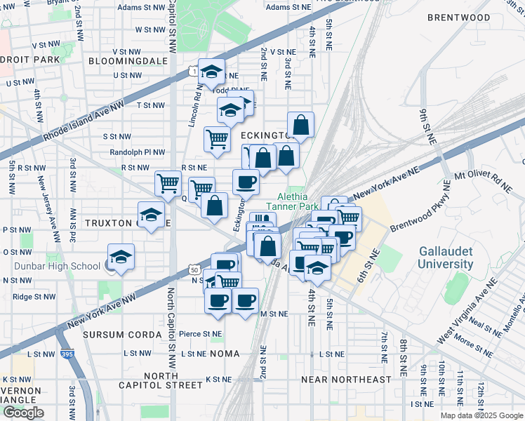 map of restaurants, bars, coffee shops, grocery stores, and more near Harry Thomas Way Northeast in Washington