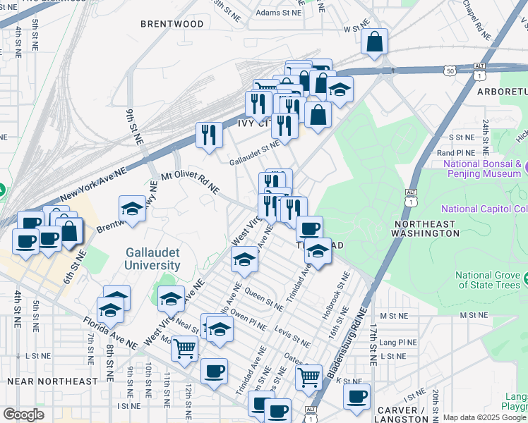 map of restaurants, bars, coffee shops, grocery stores, and more near 1833 West Virginia Avenue Northeast in Washington