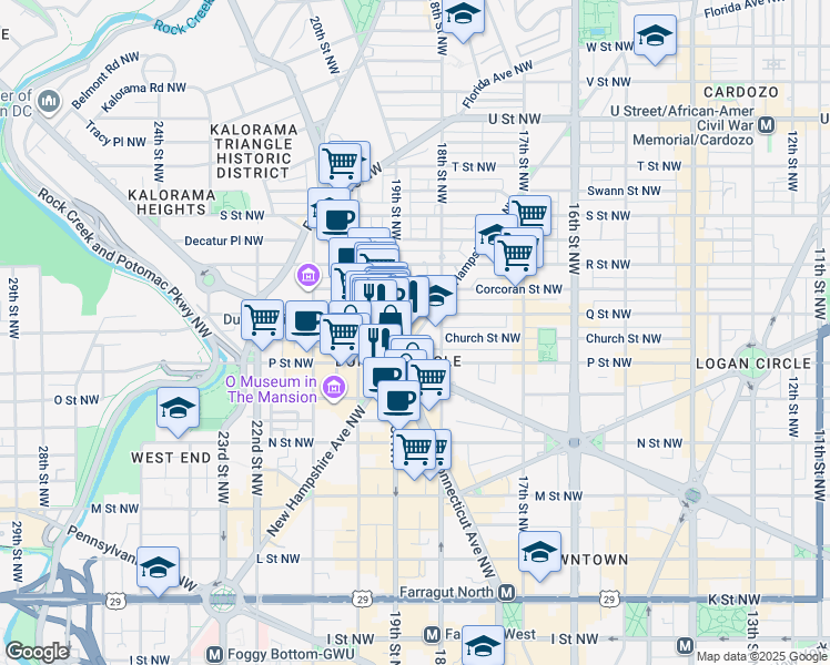 map of restaurants, bars, coffee shops, grocery stores, and more near in Washington