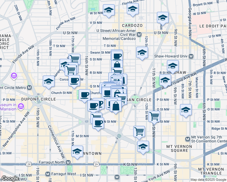 map of restaurants, bars, coffee shops, grocery stores, and more near 1401 Church Street Northwest in Washington