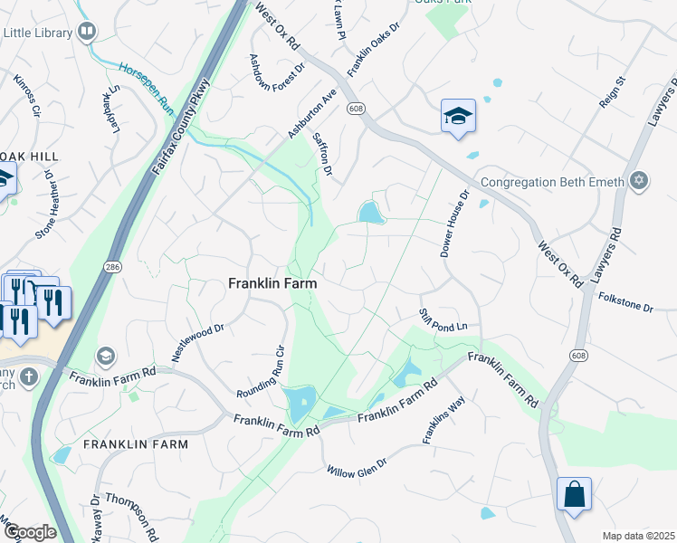map of restaurants, bars, coffee shops, grocery stores, and more near 3004 Breezy Knoll Court in Herndon